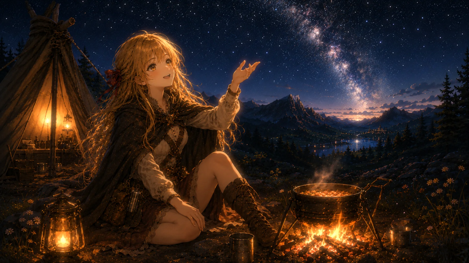 星空の下、焚き火のそばで夜の景色を見上げるリゼ